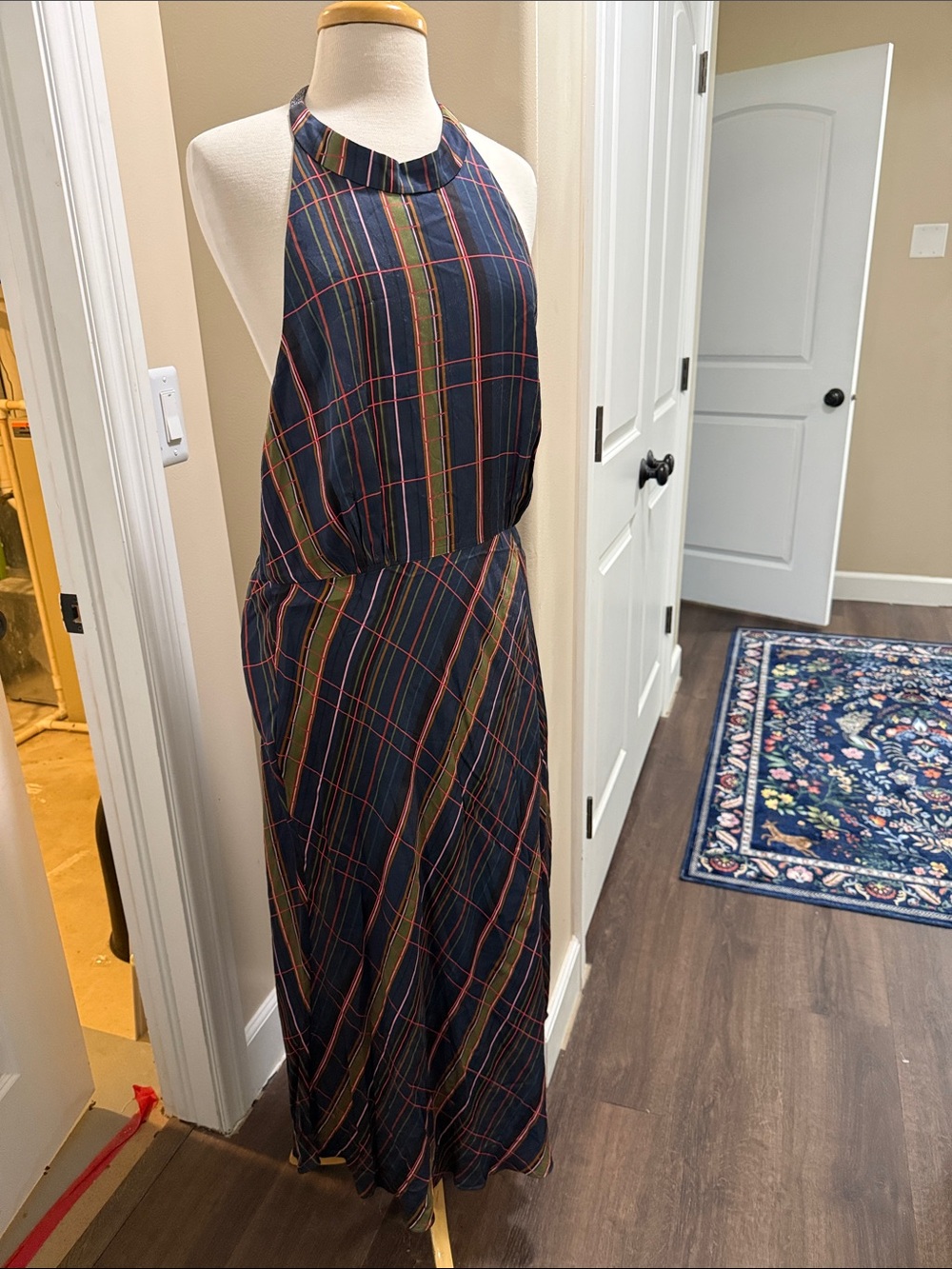 Ted Baker London Navy Plaid Halter Maxi Dress with Multicolor Stripes